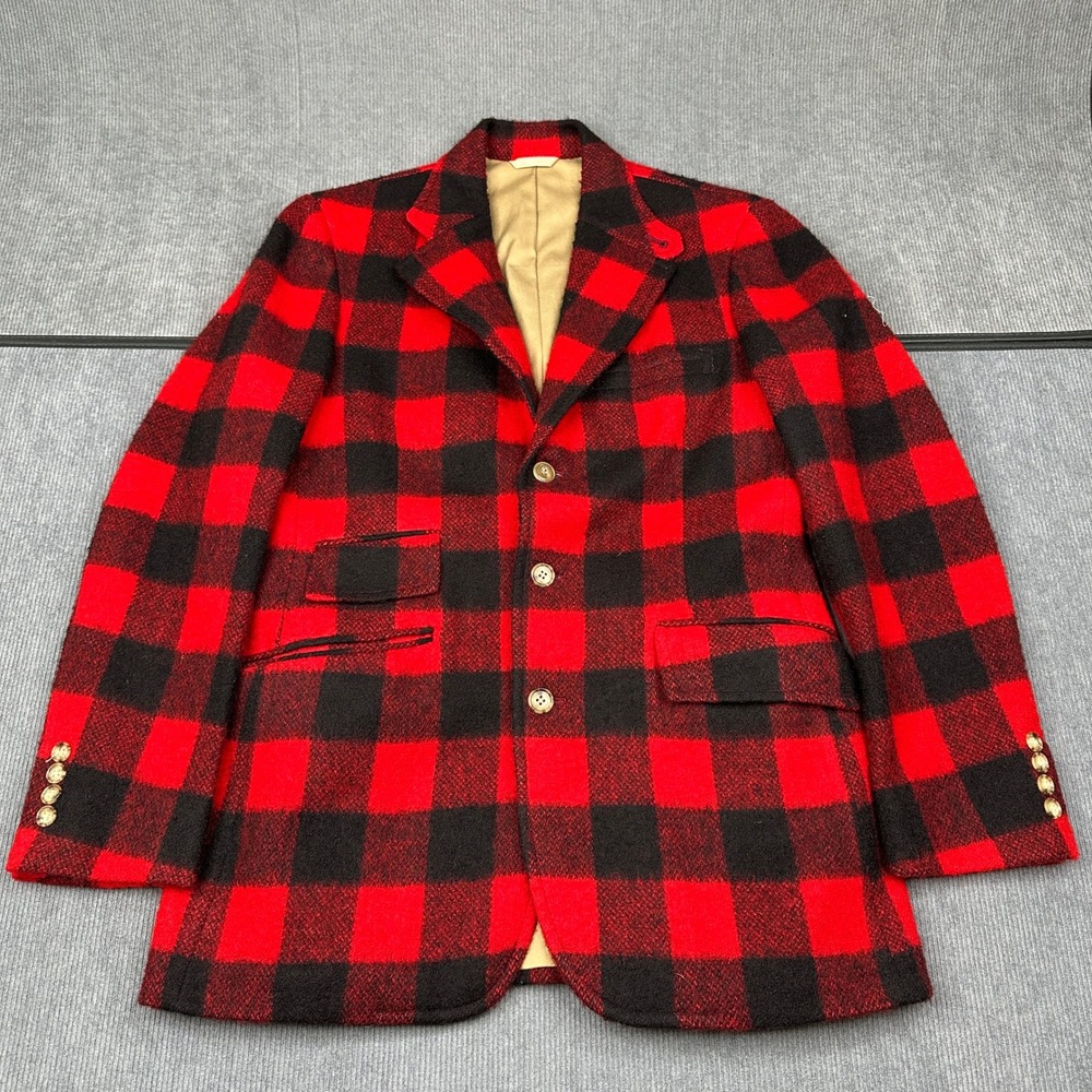 Vintage Red Black Buffalo Plaid Wool Blazer Jacket Gold Crest Buttons Mens M
